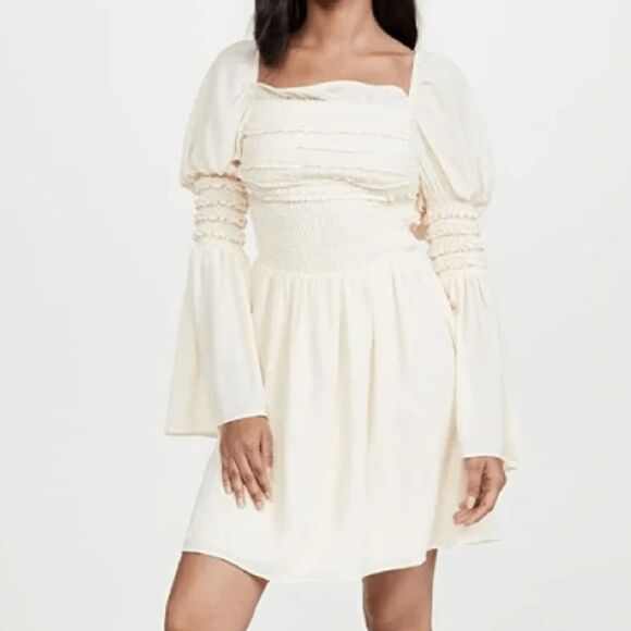 NEW! O.P.T. Luanne Dress Dark Cream Smocked Peasant Mini Dress Lined Size XS - Picture 1 of 11